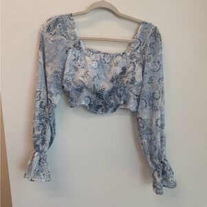 Altar'd State Light Blue Paisley Cropped Chiffon Smocked Long Sleeve Blouse